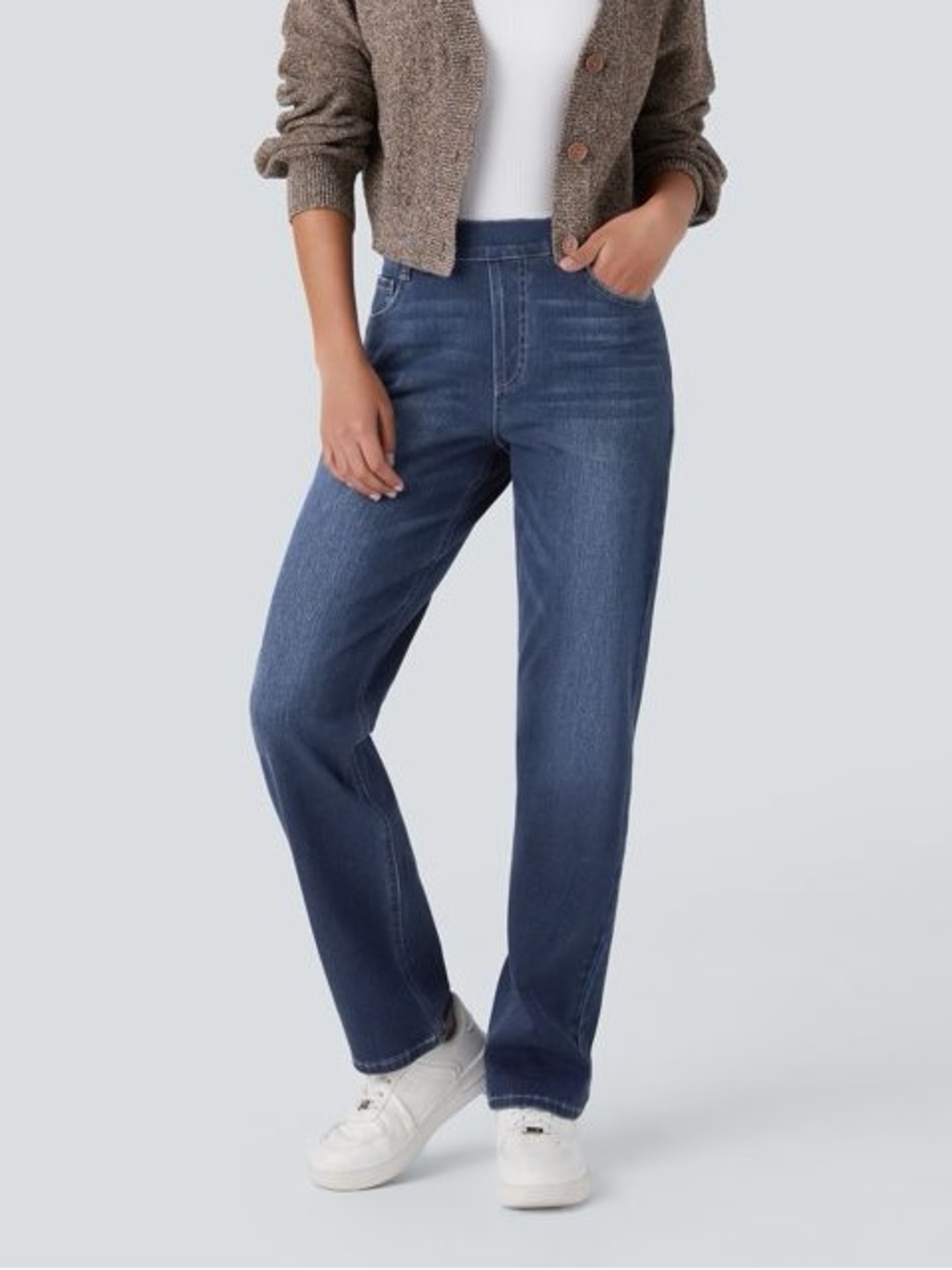 Halara Flex High Waist Pocket Straight Leg Casual Jean in Medium Wash - L Petite